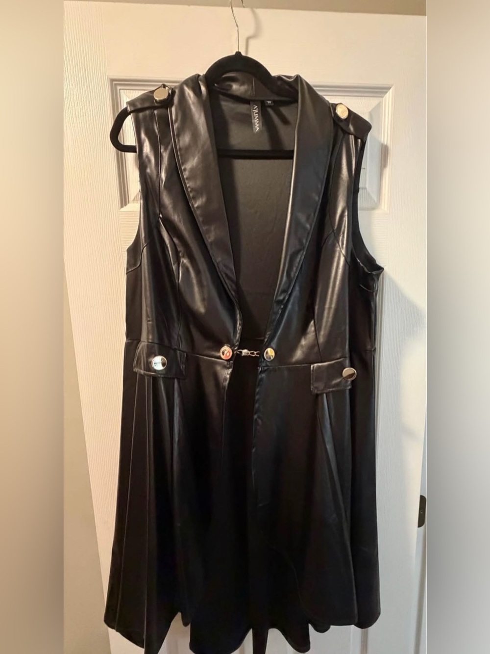 Faux Leather Sleeveless Trench Vest with Gold Buttons
